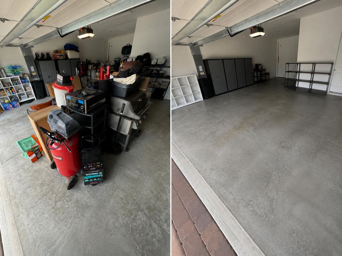 Packed garage before and empty garage after a cleanout