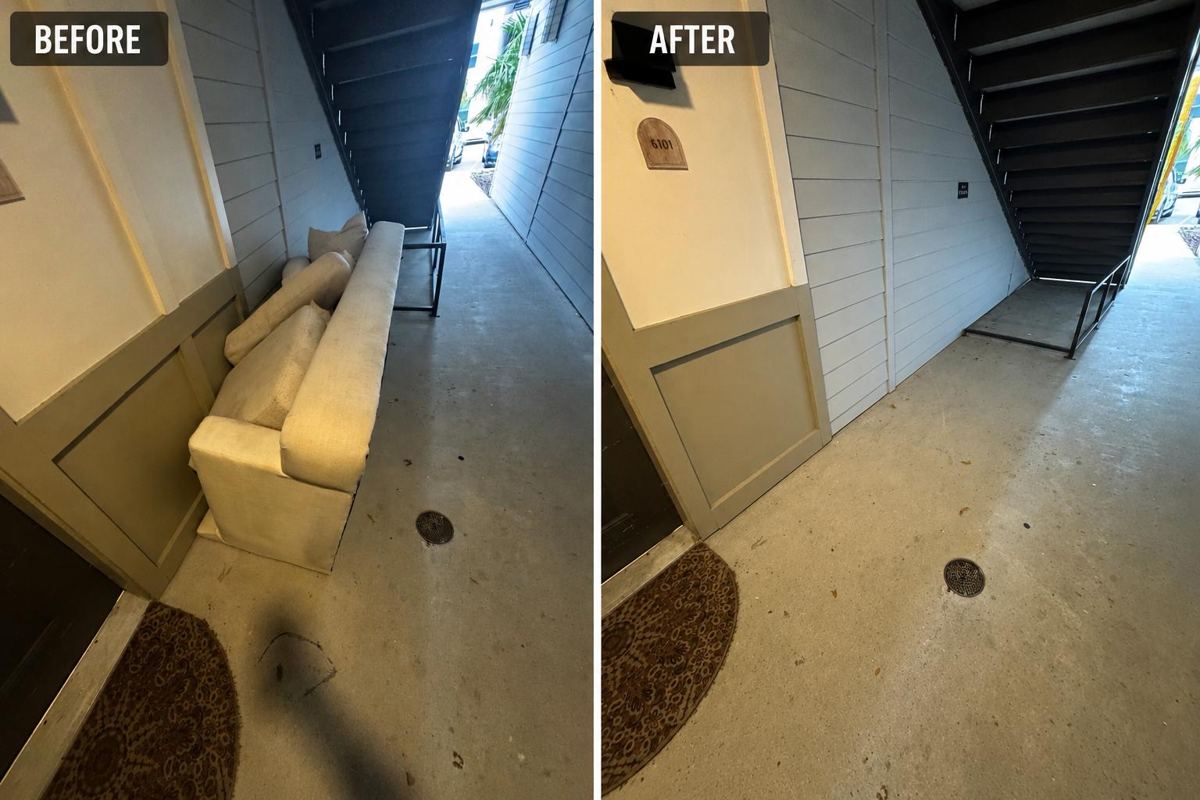 Hallway with an old couch before and empty after removal